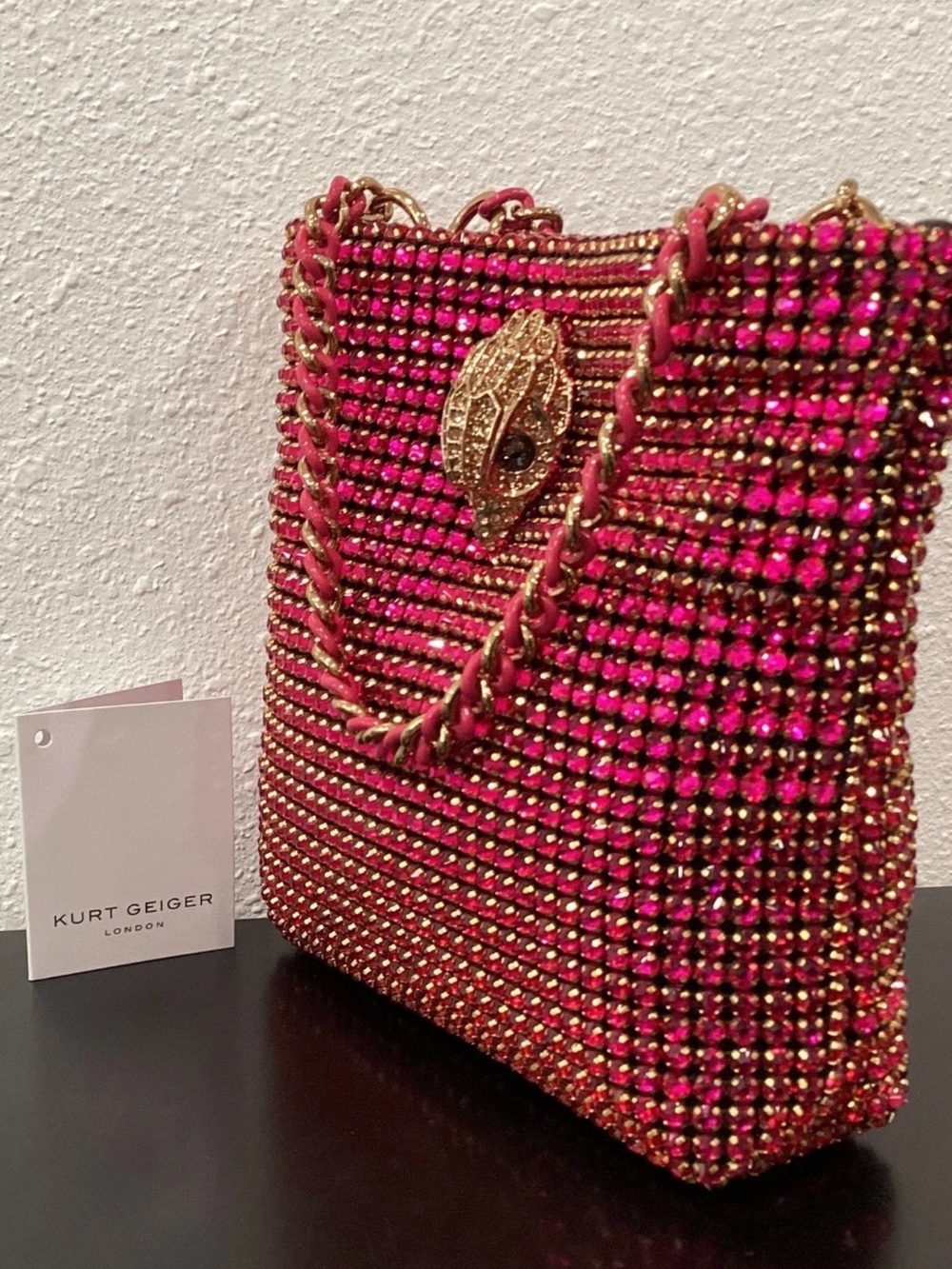 Kurt Geiger Fuchsia Crystal-Embellished Shoulder Bag with Gold Chain